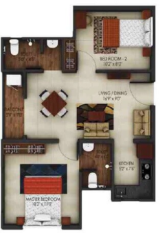 Floor plan of 2 BHK 464 Sq. Ft. Apartment in Alliance Urbanrise Codename Million Carats, Chennai