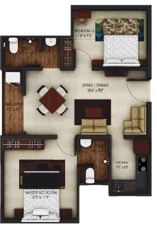 Floor plan of 2 BHK 534 Sq. Ft. Apartment in Alliance Urbanrise Codename Million Carats, Chennai
