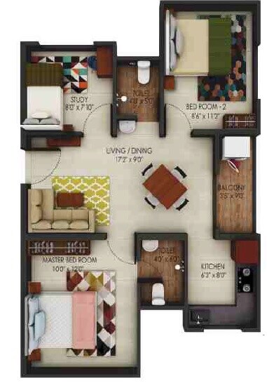 Floor plan of 3 BHK 555 Sq. Ft. Apartment in Alliance Urbanrise Codename Million Carats, Chennai