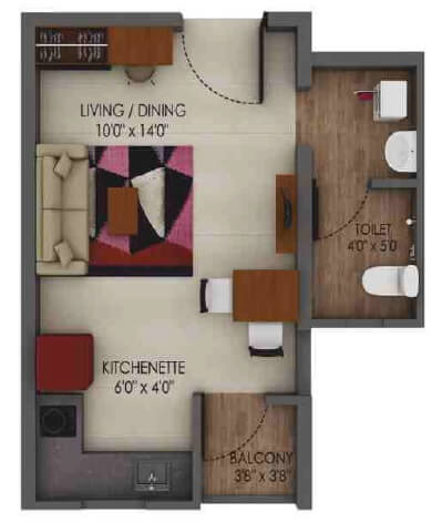 Floor plan of 208 Sq. Ft. Studio in Alliance Urbanrise Codename Million Carats, Chennai