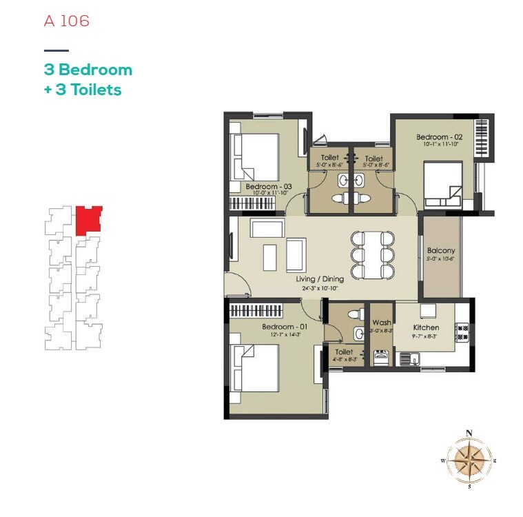 3 BHK 1342 Sq. Ft. Apartment