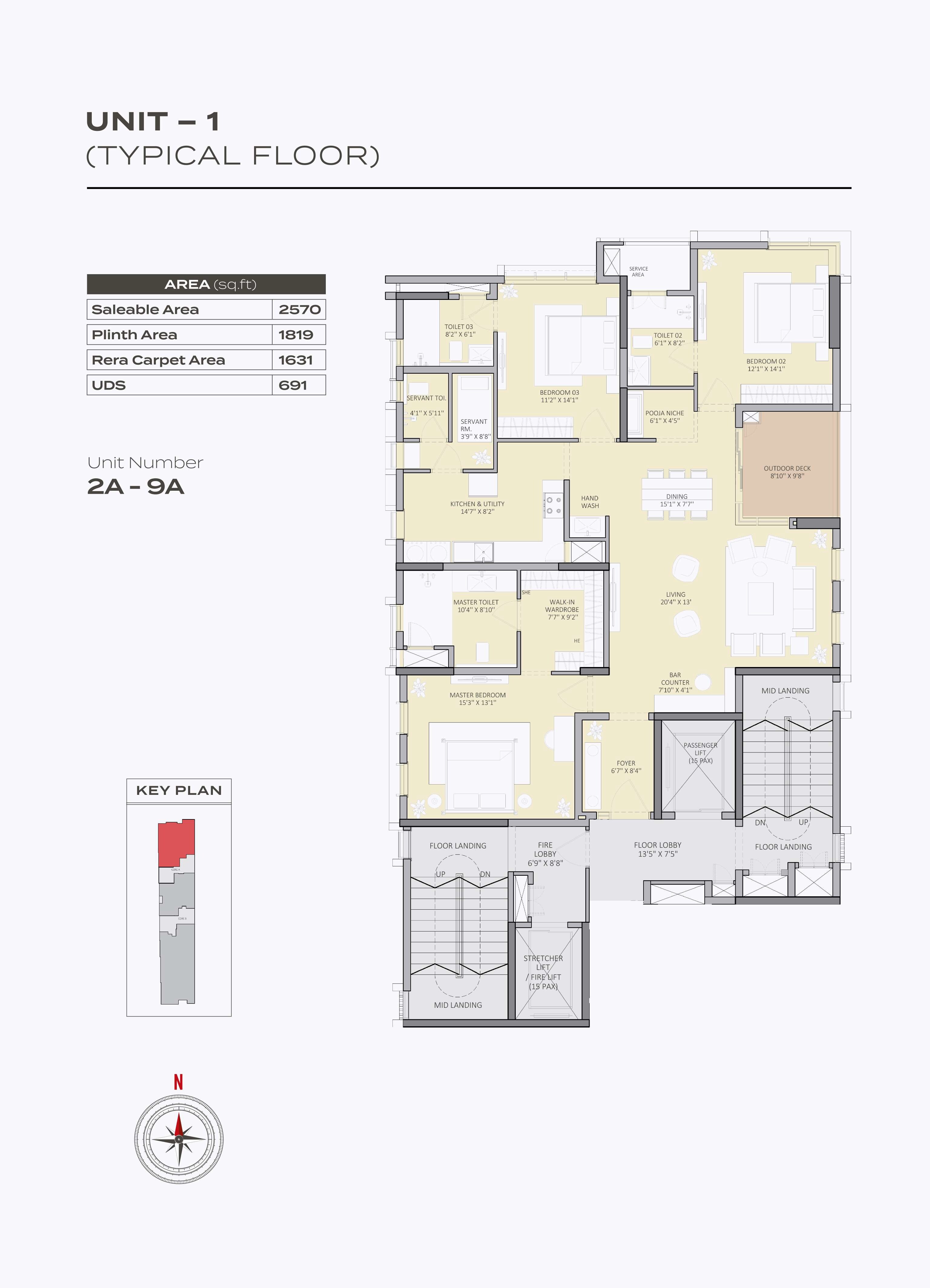 Floor plan of 3 BHK 2570 Sq. Ft. Apartment in Altis Elevender, Chennai