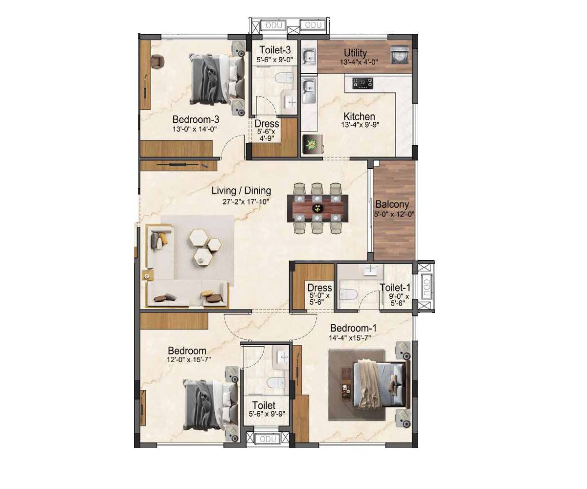 Floor plan of 3 BHK 2069 Sq. Ft. Apartment in Amara Ahilya, Chennai
