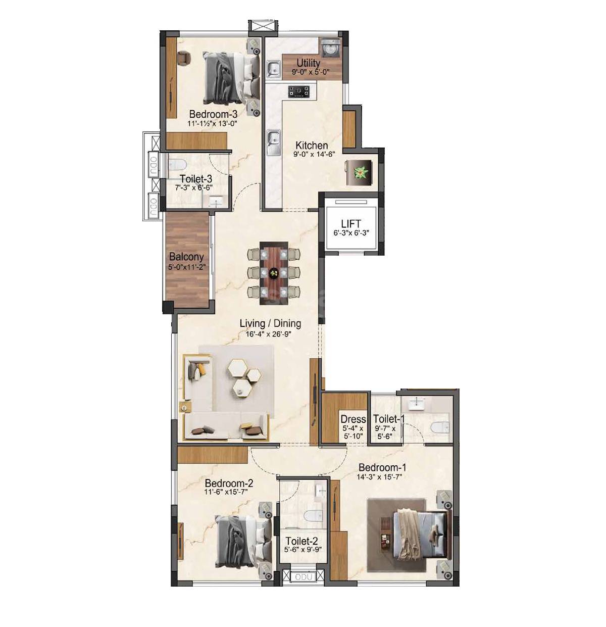 Floor plan of 3 BHK 2163 Sq. Ft. Apartment in Amara Ahilya, Chennai