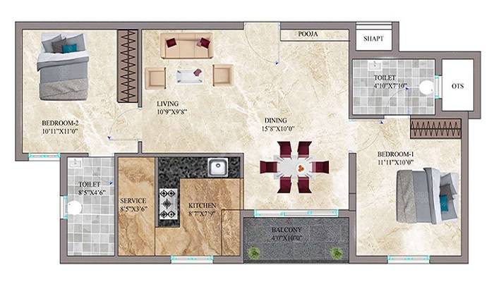 Floor plan of 2 BHK 988 Sq. Ft. Apartment in Amudhas SRR Pankajam Serenity, Chennai