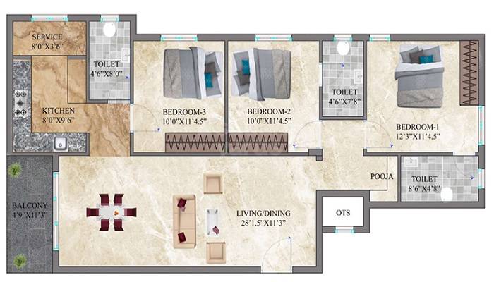 Floor plan of 3 BHK 1233 Sq. Ft. Apartment in Amudhas SRR Pankajam Serenity, Chennai