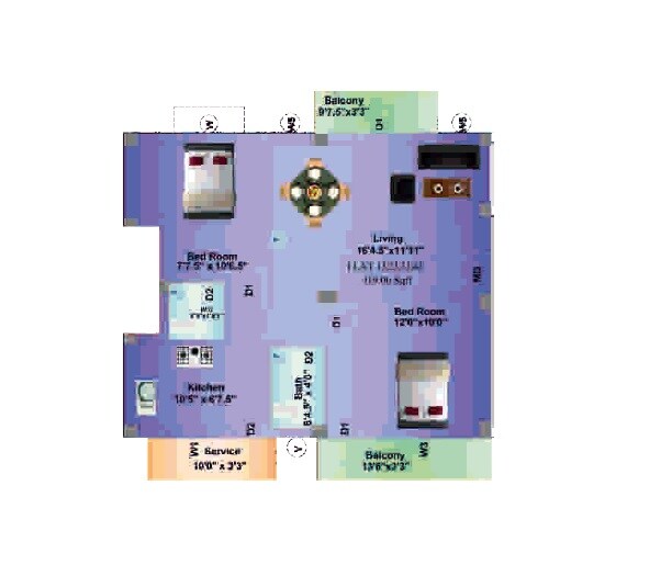 Floor plan of 2 BHK 799 Sq. Ft. Apartment in Amudhas SSR Pankajam Aabharana, Chennai