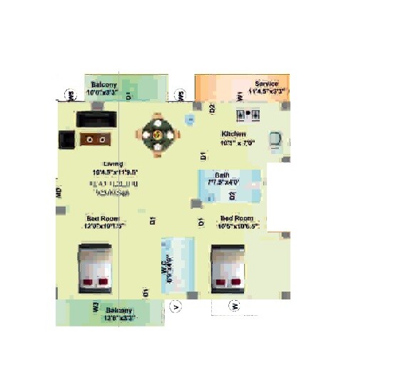 Floor plan of 2 BHK 927 Sq. Ft. Apartment in Amudhas SSR Pankajam Aabharana, Chennai