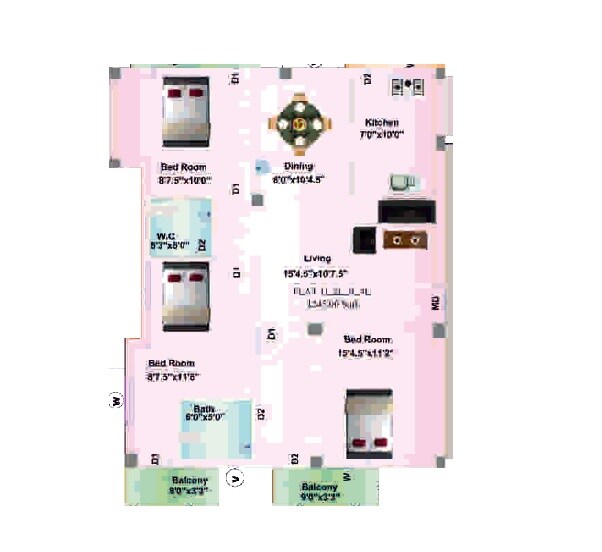 Floor plan of 3 BHK 1192 Sq. Ft. Apartment in Amudhas SSR Pankajam Aabharana, Chennai