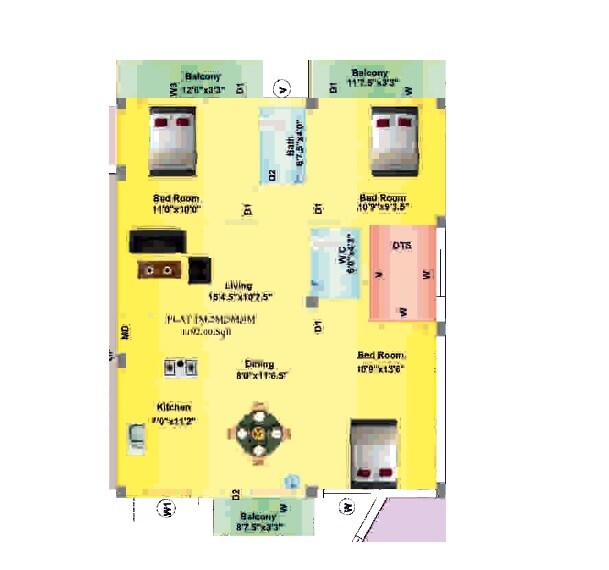Floor plan of 3 BHK 1245 Sq. Ft. Apartment in Amudhas SSR Pankajam Aabharana, Chennai