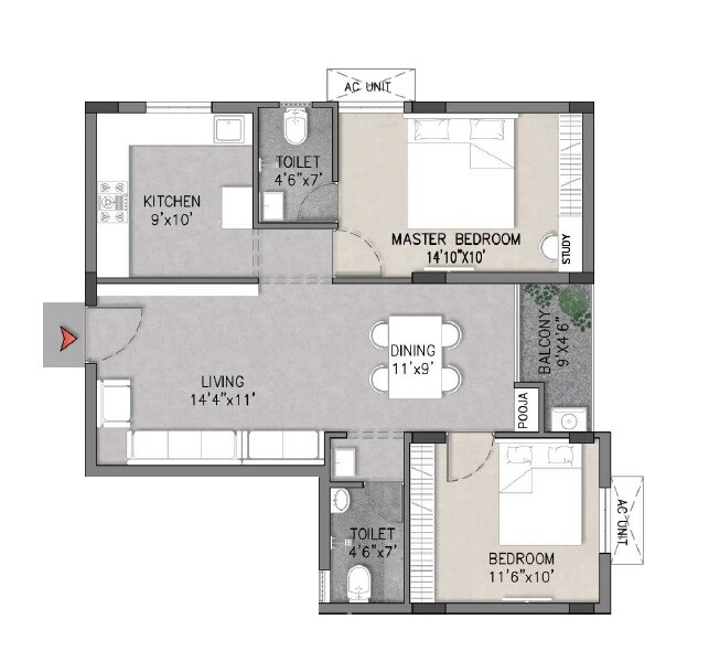 Floor plan of 2 BHK 1072 Sq. Ft. Apartment in Anand The Banyan, Chennai