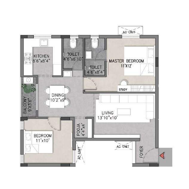 Floor plan of 2 BHK 925 Sq. Ft. Apartment in Anand The Banyan, Chennai