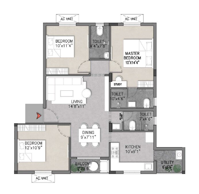 Floor plan of 3 BHK 1306 Sq. Ft. Apartment in Anand The Banyan, Chennai