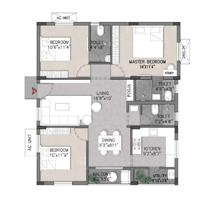 Floor plan of 3 BHK 1386 Sq. Ft. Apartment in Anand The Banyan, Chennai