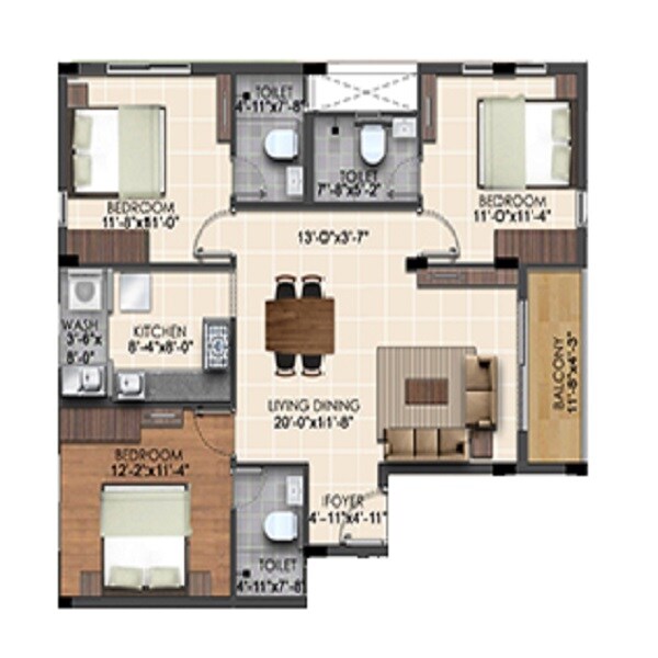 Floor plan of 3 BHK 1450 Sq. Ft. Apartment in Ananyakrishnaa Emerald, Chennai