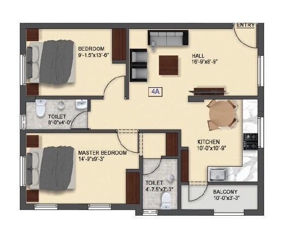 Floor plan of 2 BHK 1000 Sq. Ft. Apartment in Anirudh Nithya Flats, Chennai