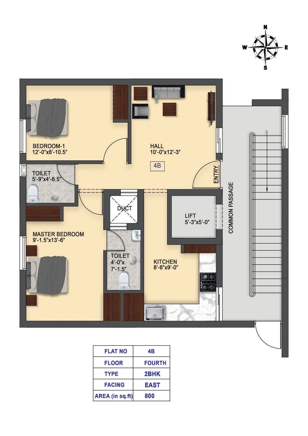 Floor plan of 2 BHK 800 Sq. Ft. Apartment in Anirudh Nithya Flats, Chennai