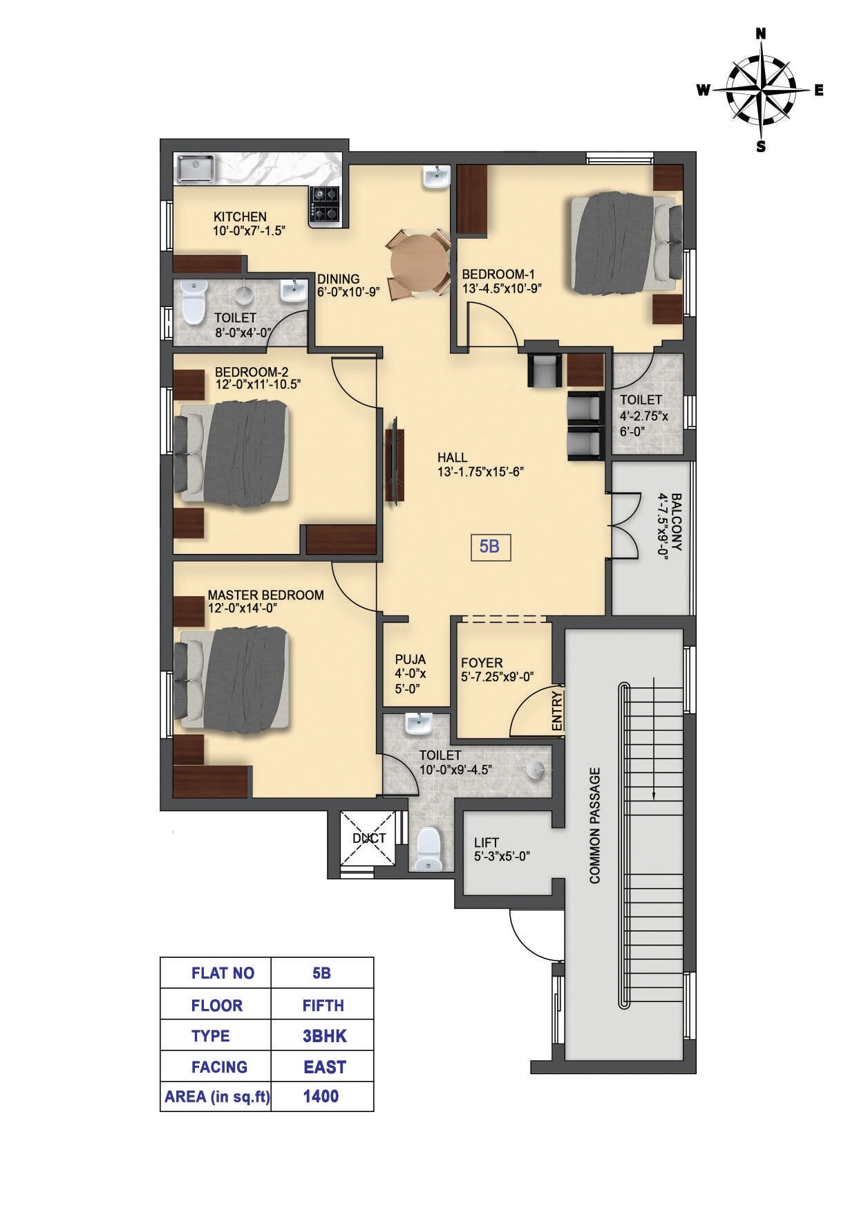 Floor plan of 3 BHK 1400 Sq. Ft. Apartment in Anirudh Nithya Flats, Chennai