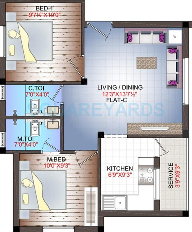 Floor plan of 2 BHK 886 Sq. Ft. Apartment in Annai Sai Realty Sai Thejus Phase Ii, Chennai
