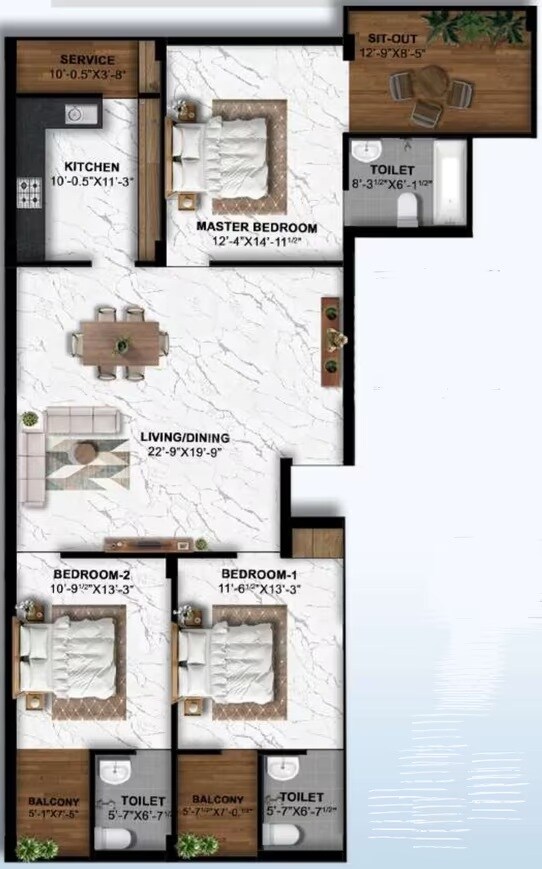 Floor plan of 3 BHK 2050 Sq. Ft. Apartment in Anugragha Sai Prestige, Chennai