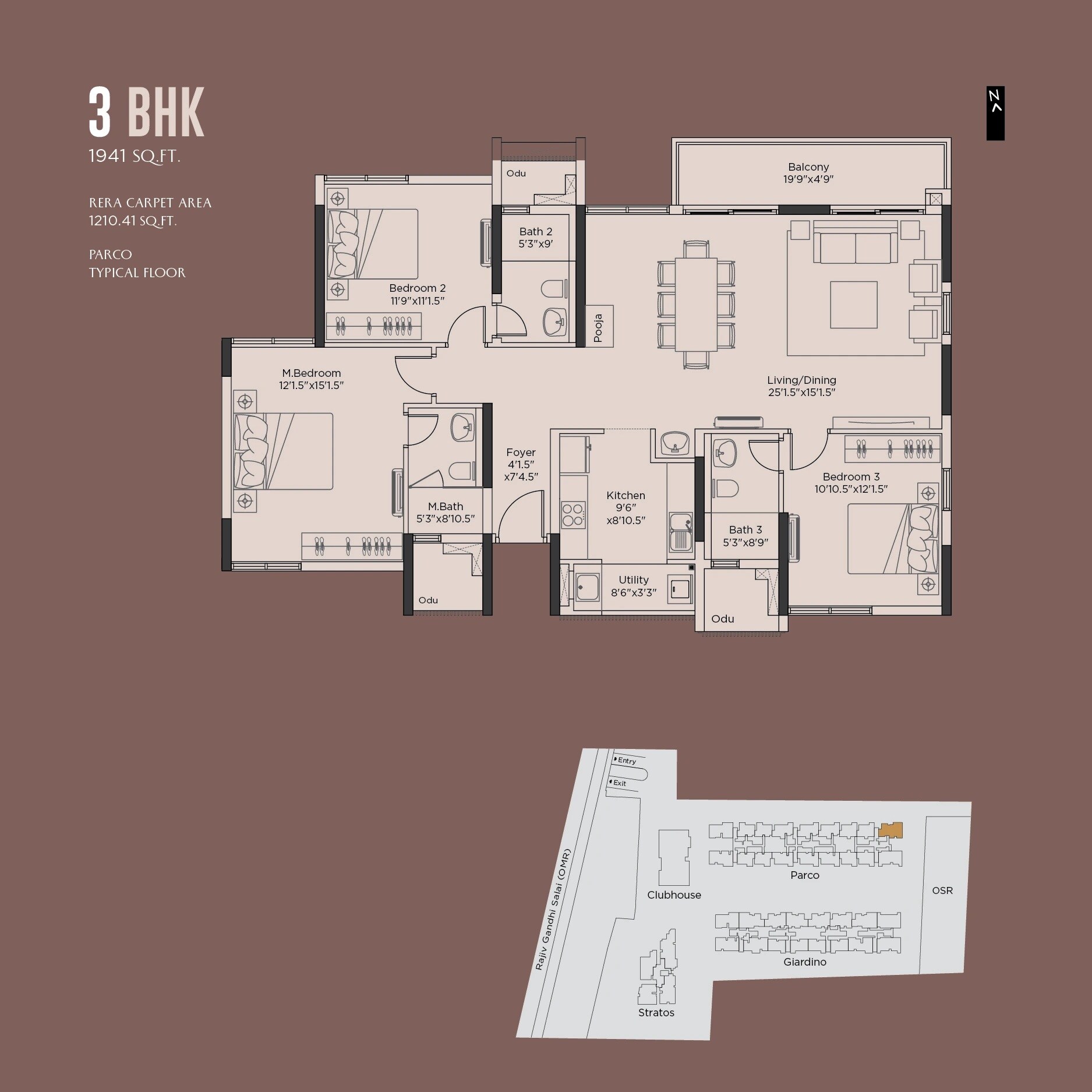 Floor plan of 3 BHK 1941 Sq. Ft. Apartment in Appaswamy Altezza, Chennai