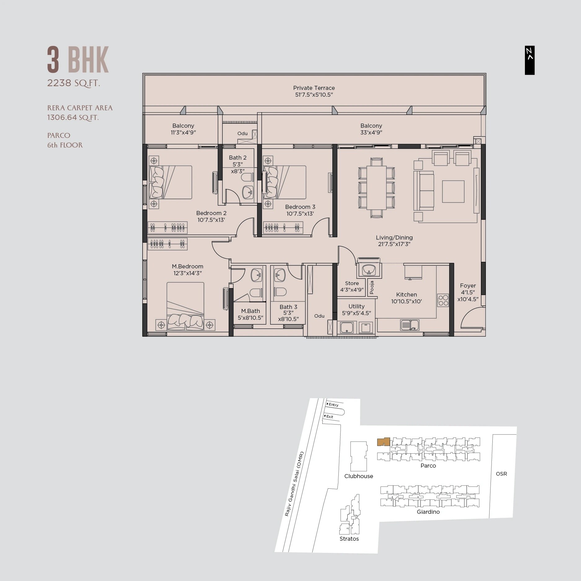 Floor plan of 3 BHK 2238 Sq. Ft. Apartment in Appaswamy Altezza, Chennai