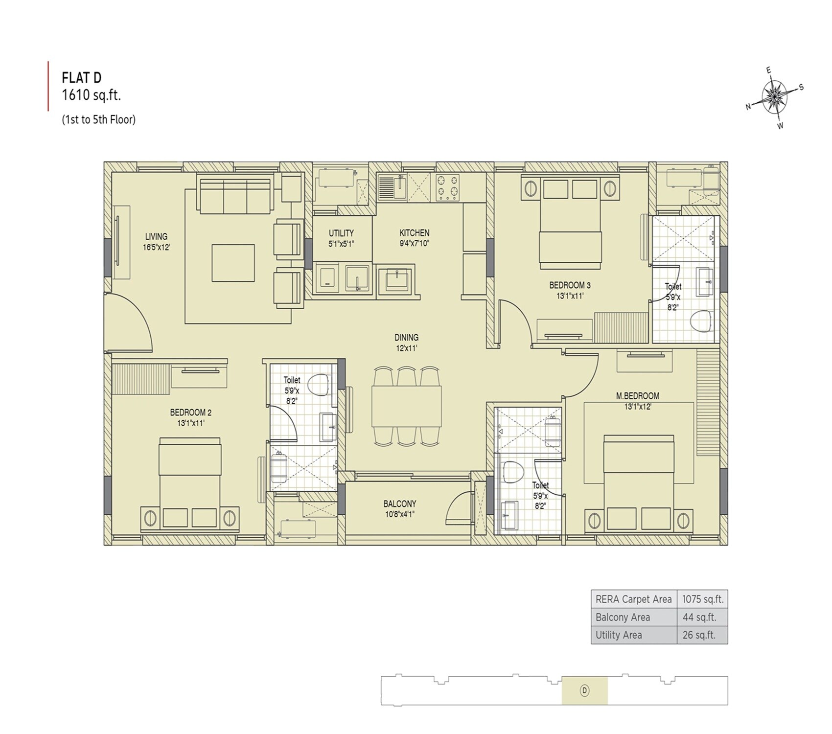 Floor plan of 3 BHK 1610 Sq. Ft. Apartment in Appaswamy Avalon, Chennai