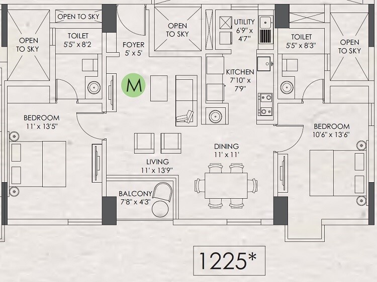 Floor plan of 2 BHK 1225 Sq. Ft. Apartment in Appaswamy Clover By The River, Chennai