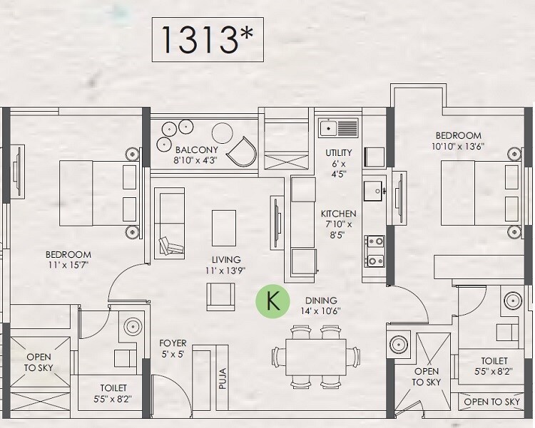 Floor plan of 2 BHK 1313 Sq. Ft. Apartment in Appaswamy Clover By The River, Chennai