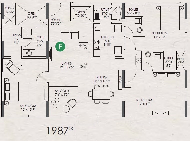 Floor plan of 3 BHK 1987 Sq. Ft. Apartment in Appaswamy Clover By The River, Chennai