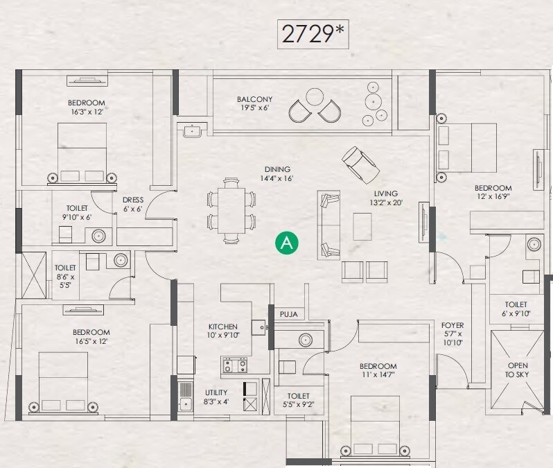 Floor plan of 4 BHK 2729 Sq. Ft. Apartment in Appaswamy Clover By The River, Chennai