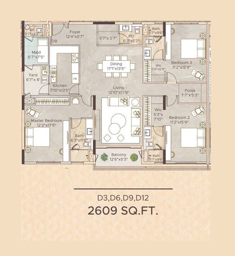 Floor plan of 3 BHK 2609 Sq. Ft. Apartment in Appaswamy Malkoha, Chennai
