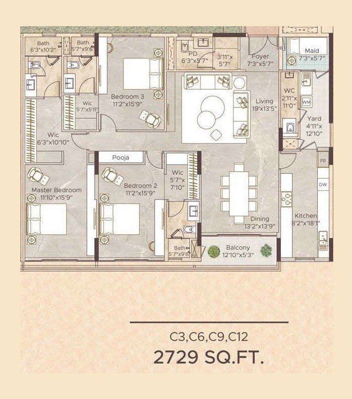 Floor plan of 3 BHK 2729 Sq. Ft. Apartment in Appaswamy Malkoha, Chennai