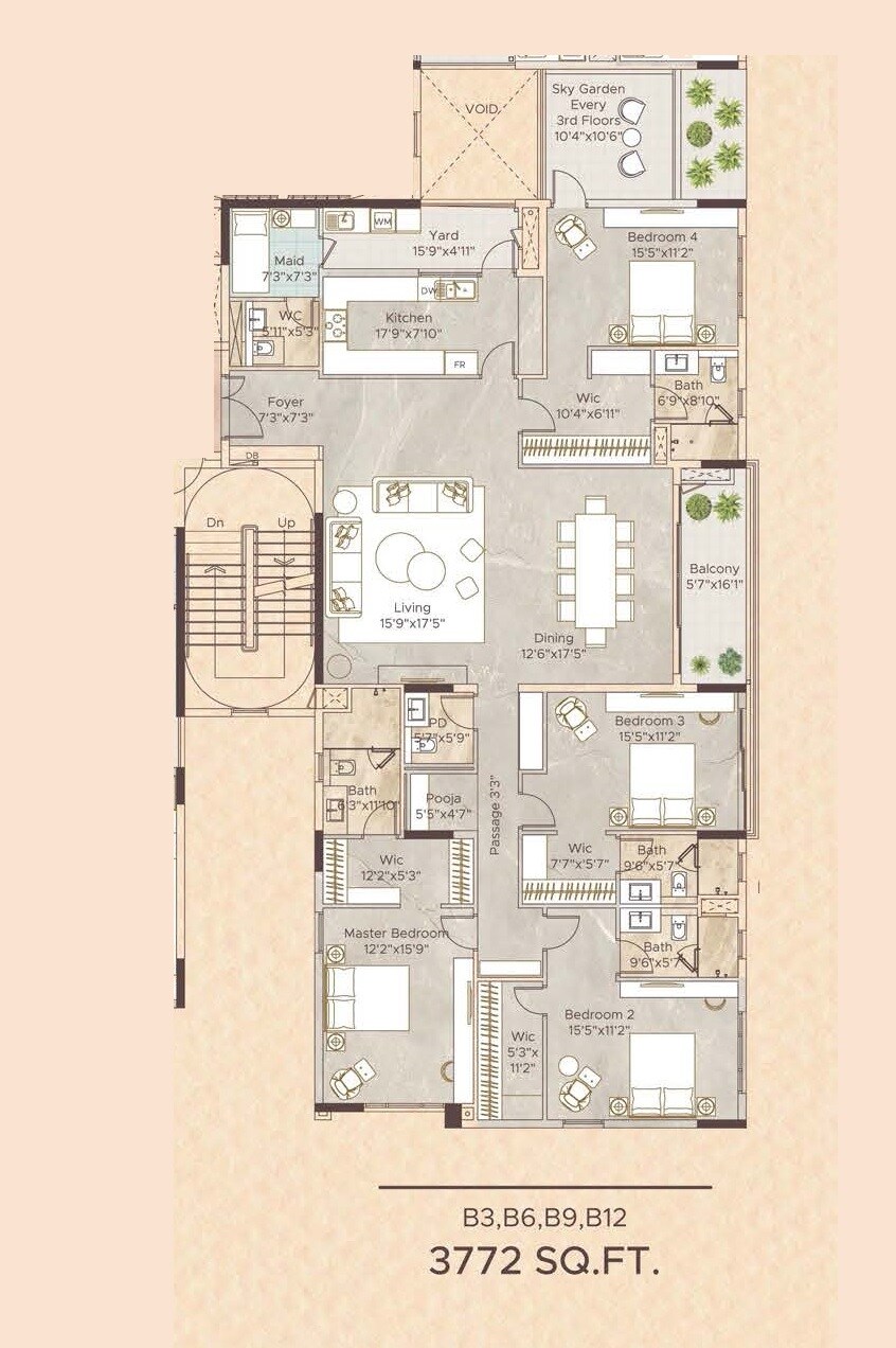 Floor plan of 4 BHK 3772 Sq. Ft. Apartment in Appaswamy Malkoha, Chennai
