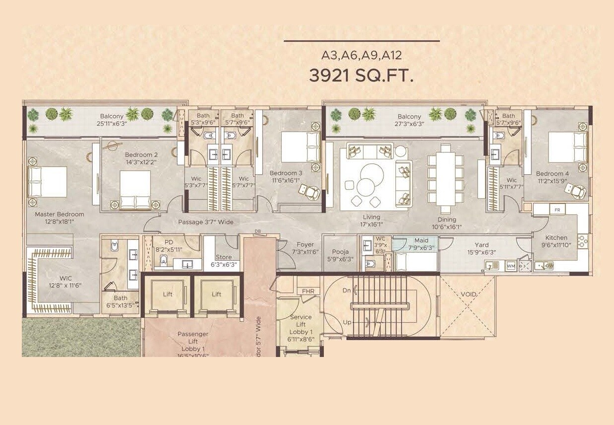 Floor plan of 4 BHK 3921 Sq. Ft. Apartment in Appaswamy Malkoha, Chennai