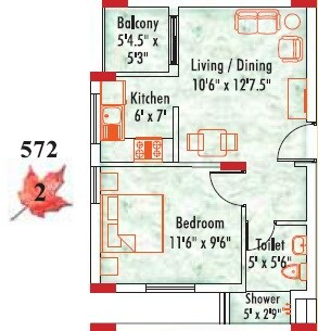 Floor plan of 1 BHK 572 Sq. Ft. Apartment in Appaswamy Mapleton, Chennai
