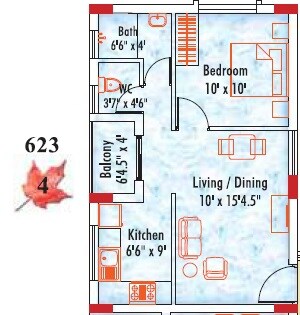 Floor plan of 1 BHK 623 Sq. Ft. Apartment in Appaswamy Mapleton, Chennai