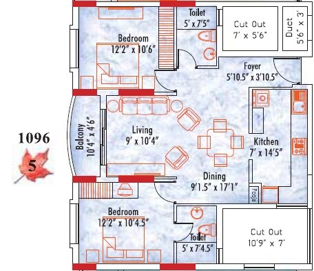 Floor plan of 2 BHK 1096 Sq. Ft. Apartment in Appaswamy Mapleton, Chennai