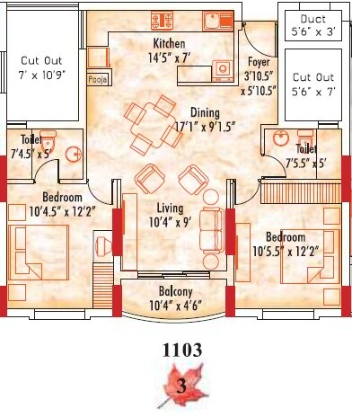 Floor plan of 2 BHK 1103 Sq. Ft. Apartment in Appaswamy Mapleton, Chennai