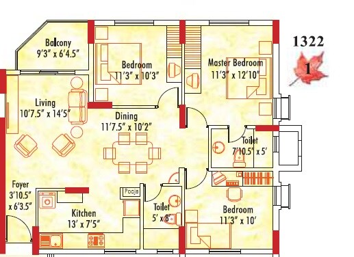 Floor plan of 3 BHK 1322 Sq. Ft. Apartment in Appaswamy Mapleton, Chennai