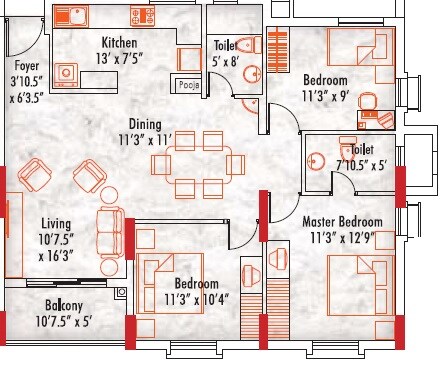 Floor plan of 3 BHK 1836 Sq. Ft. Apartment in Appaswamy Mapleton, Chennai