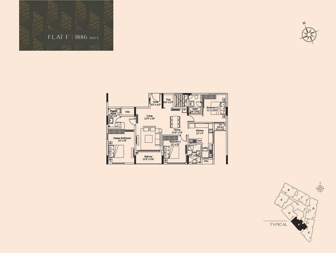 Floor plan of 3 BHK 1886 Sq. Ft. Apartment in Appaswamy Parkhouse Mews, Chennai