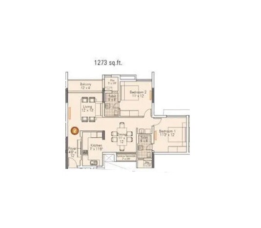 Floor plan of 2 BHK 1273 Sq. Ft. Apartment in Appaswamy Platina, Chennai