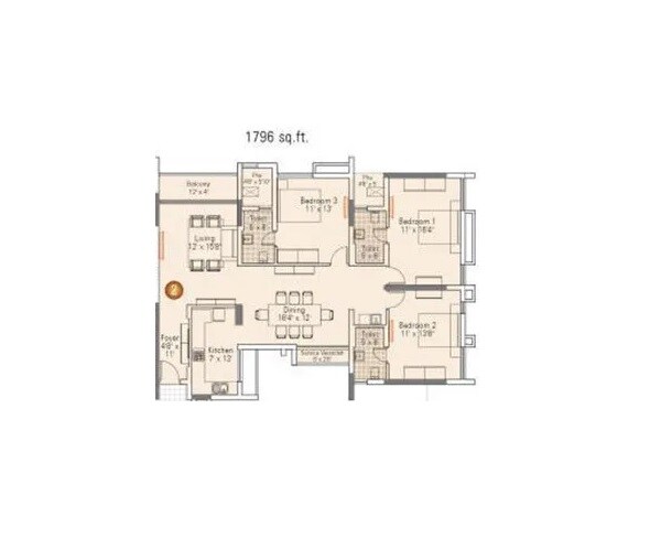 Floor plan of 3 BHK 1796 Sq. Ft. Apartment in Appaswamy Platina, Chennai