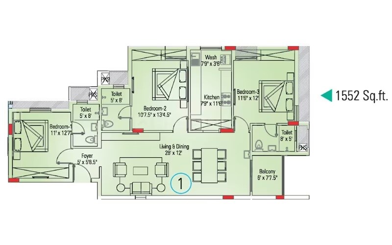 3 BHK 1552 Sq. Ft. Apartment