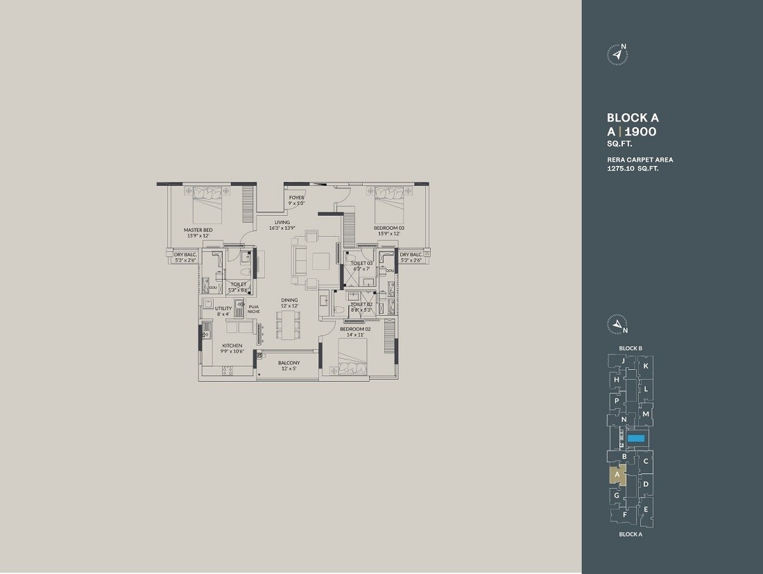 Floor plan of 3 BHK 1900 Sq. Ft. Apartment in Appaswamy The Broadstone, Chennai