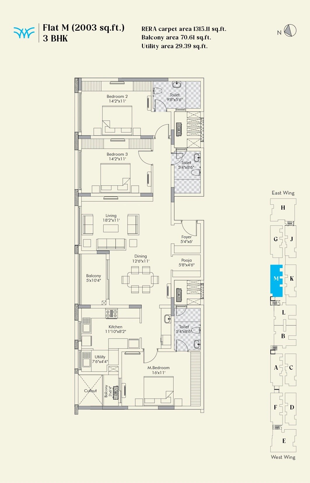 Floor plan of 3 BHK 2003 Sq. Ft. Apartment in Appaswamy Wingfield, Chennai
