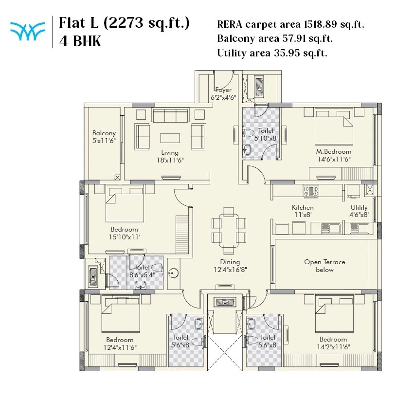Floor plan of 4 BHK 2273 Sq. Ft. Apartment in Appaswamy Wingfield, Chennai