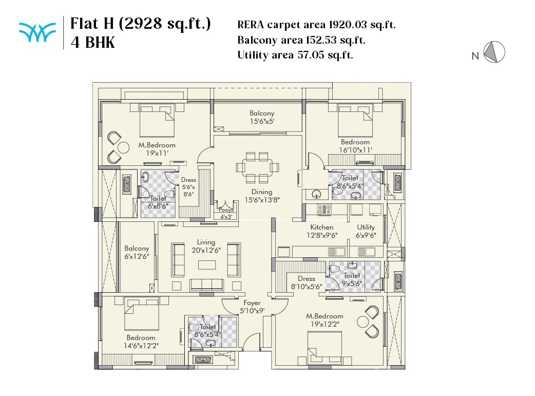 Floor plan of 4 BHK 2928 Sq. Ft. Apartment in Appaswamy Wingfield, Chennai