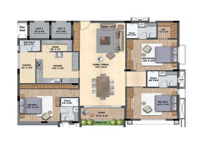 Floor plan of 3 BHK 1550 Sq. Ft. Apartment in Amara Advika, Chennai